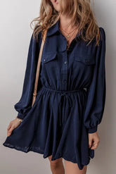 Drawstring Half Button Long Sleeve Dress
